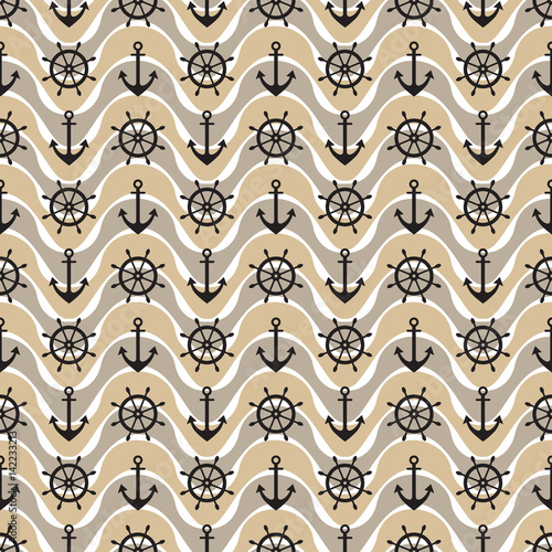 Vector seamless pattern with anchor, steering wheel, waves. Symmetrical brown background, nautical theme. Graphic illustration. Template for wrapping, backgrounds, fabric, prints, decor, surface