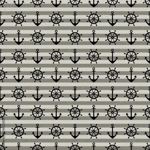 Vector seamless pattern with anchor, steering wheel, diagonal lines. Symmetrical background, nautical theme. Graphic illustration. Template for wrapping, backgrounds, fabric, prints, decor, surface