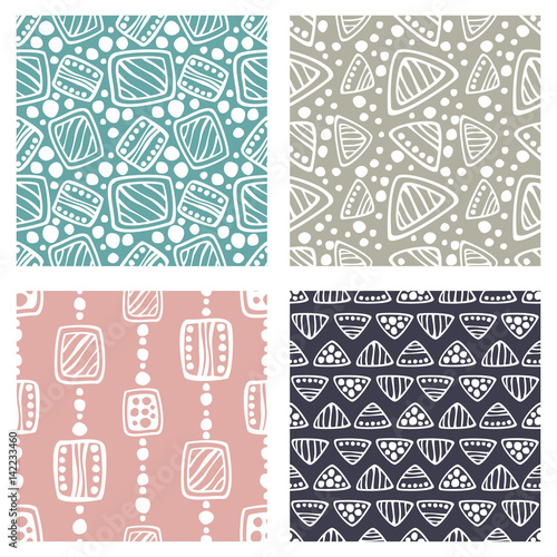 Set of seamless vector pattern. Colorful hand drawn endless background with ornamental decorative elements with ethnic, traditional, tribal motifes. Series of Hand Drawn Ornamental Seamless Patterns