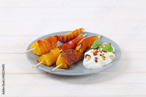 pear and orange skewers with yogurt dip