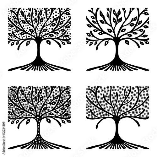 Vector set of hand drawn illustration, decorative ornamental stylized tree. Black and white graphic illustration isolated on the white background. Inc drawing silhouette.