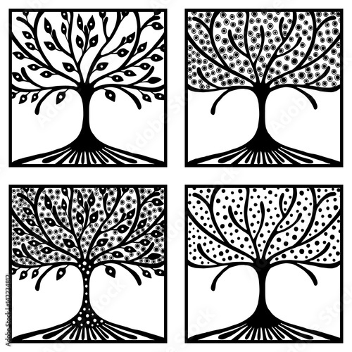 Vector set of hand drawn illustration, decorative ornamental stylized tree. Black and white graphic illustration isolated on the white background. Inc drawing silhouette.