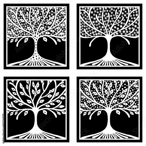 Vector set of hand drawn illustration, decorative ornamental stylized tree. Black and white graphic illustration isolated on the white background. Inc drawing silhouette.