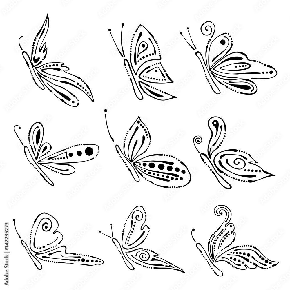 Set of vector black and white illustration of insect. Butterflies isolated on the white background. Hand drawn graphic illustration. Line drawing Set of vector black and white illustration of insect. Butterflies isolated on the white background. Hand drawn graphic illustration. Line drawing
