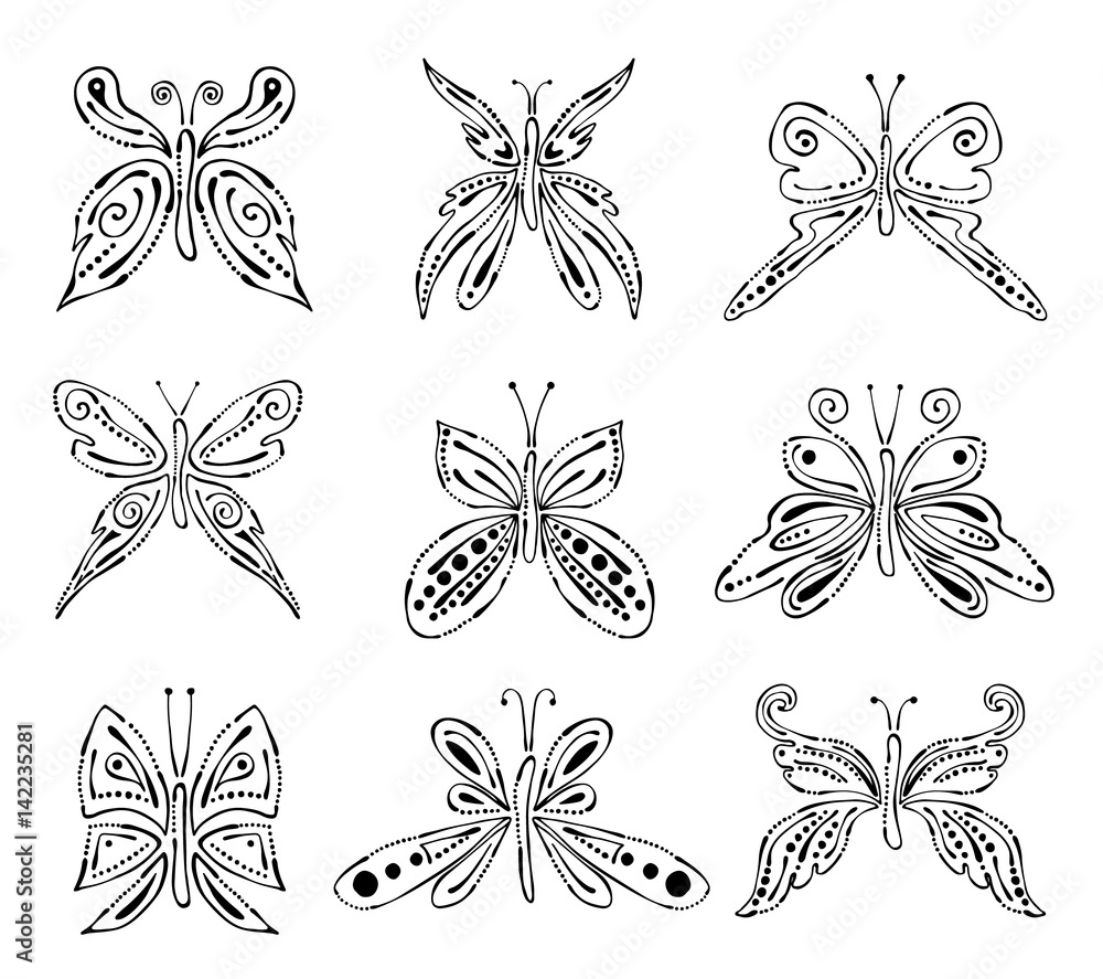 Set of vector black and white illustration of insect. Butterflies isolated on the white background. Hand drawn graphic illustration. Line drawing