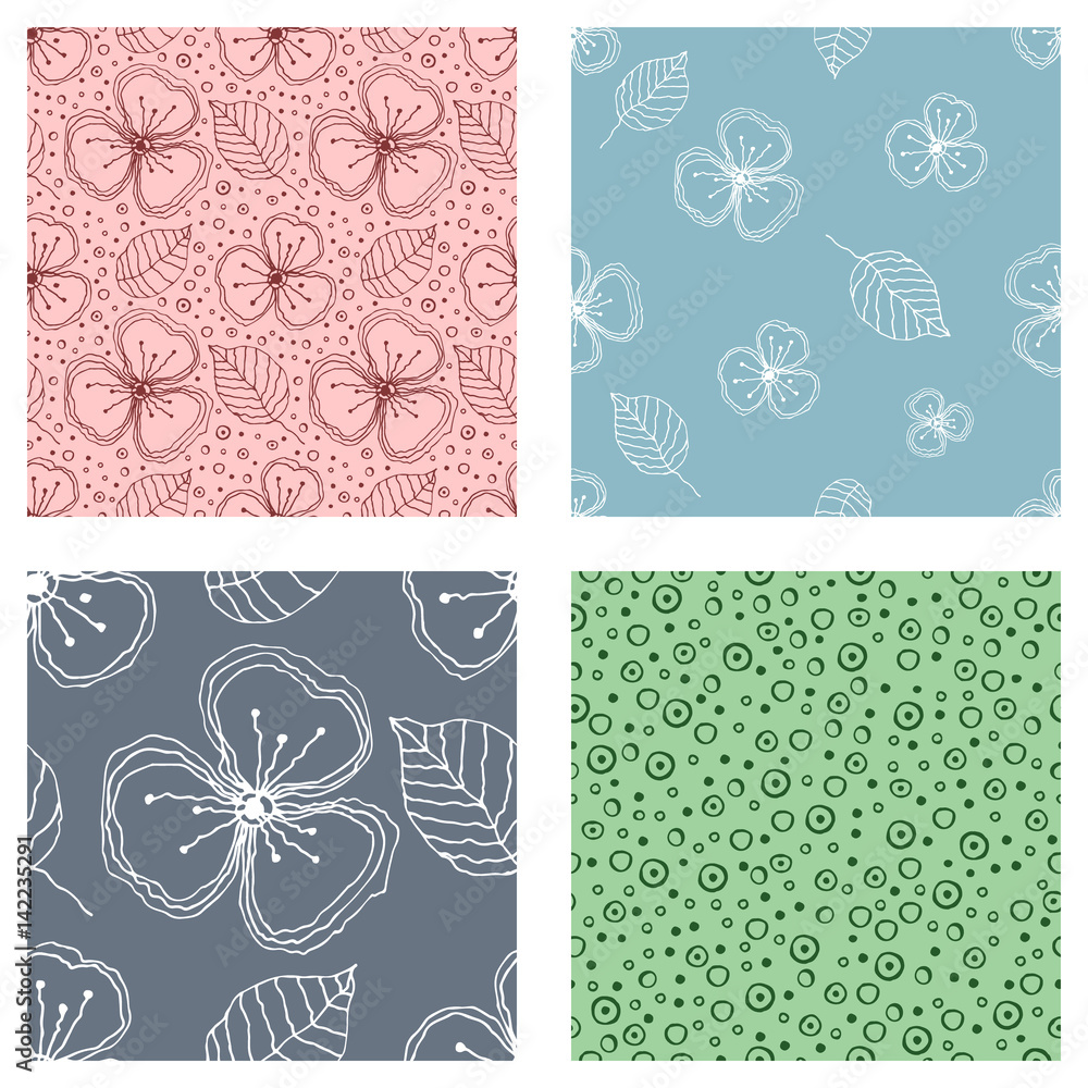 Set of seamless vector floral patterns. Colorful hand drawn background with flowers, leaves, decorative elements. Graphic illustration. Series of Hand Drawn Seamless vector Patterns.