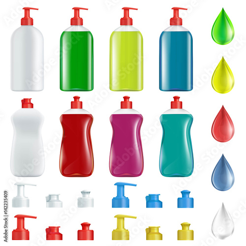 Set of plastic containers with soap for washing dishes.