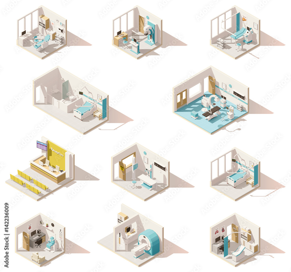 Vector isometric low poly hospital rooms Vector isometric low poly hospital rooms