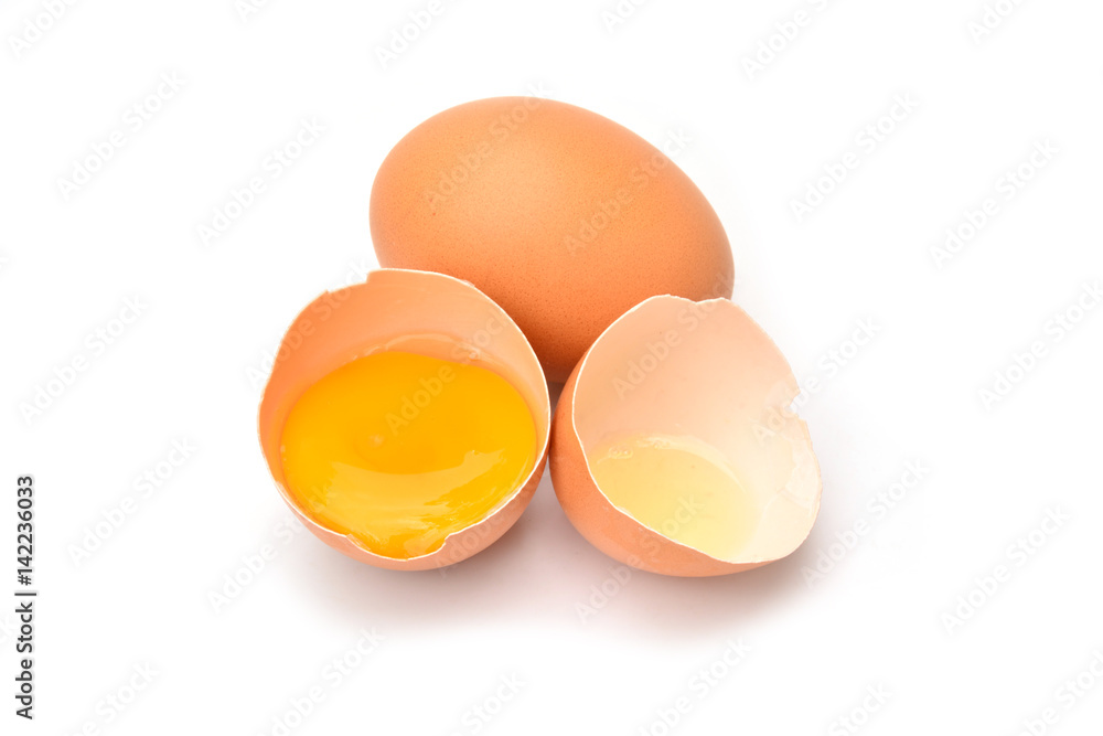Brown chicken egg with broken egg isolated on white background. Brown chicken egg with broken egg isolated on white background.