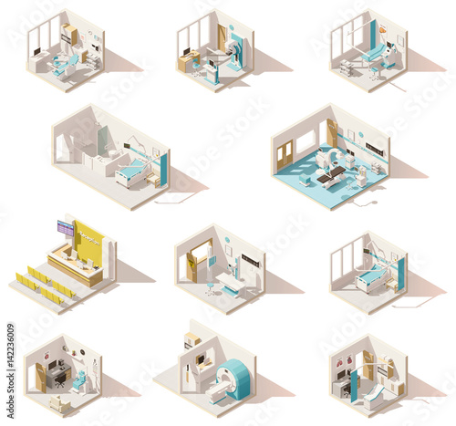 Vector isometric low poly hospital rooms