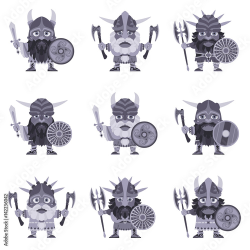 Set of Vikings. Vector illustration of warriors with ax, sword, symmetrical double-bitted axe and armor. A medieval man in a costume with weapon and shield in hand. Isolated character in a flat style