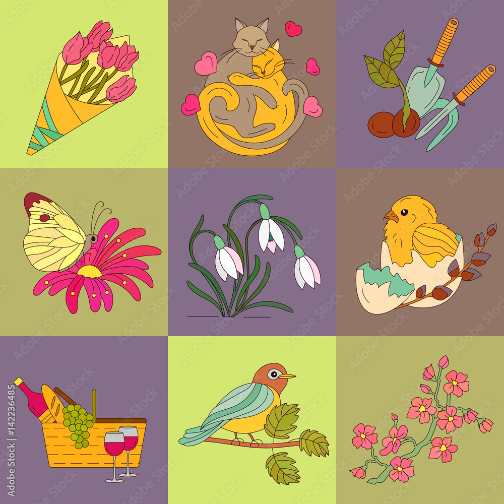 Obraz premium Spring thin line colored vector icons.