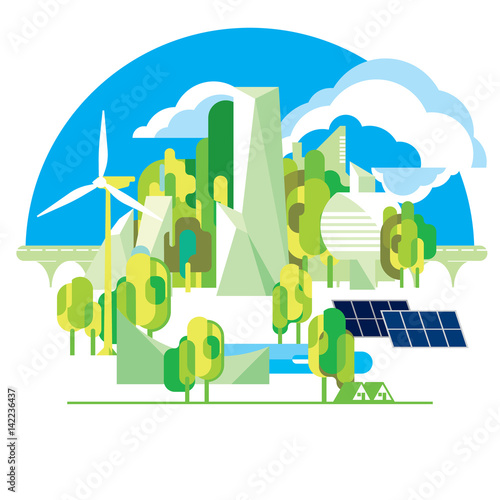 Eco city, solar panels and wind turbines. Eco green city theme. Ecological energy supply