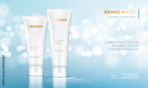 Cosmetic package advertising vector template skin care cream water background