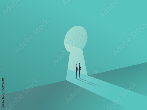 Business solution or success concept with two businessmen standing in keyhole shape door. photo