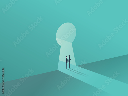 Business solution or success concept with two businessmen standing in keyhole shape door.