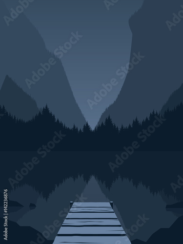 Night at the mountain lake vector illustration. Symbol of freedom, adventure, vacation, tourism, hiking in the wilderness.