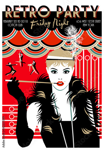 Flapper girl with mouthpiece and cigarette. Retro Party invitation card. Handmade drawing vector illustration. Art Deco style