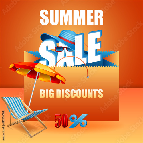 Background design with 3d texts, beach accessories for Summer sales commercial event; Vector illustration
