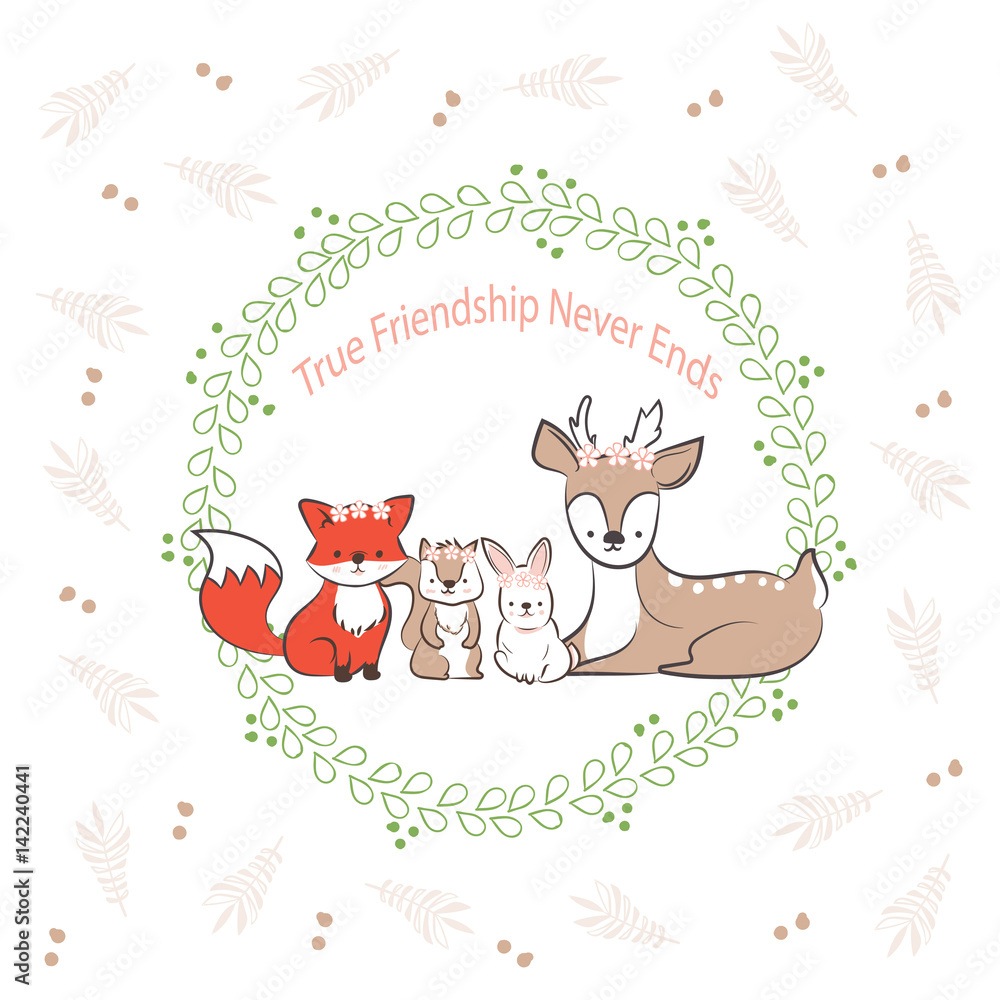 Naklejka premium doodle set of best friends cute rabbit, fox, squirrel and deer in leaf frames hand drawing vector illustration for kid t-shirt print, greeting and invitation card