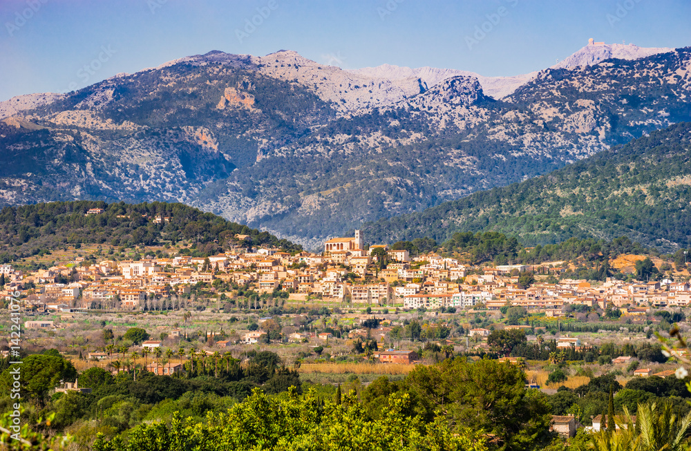 Spain Majorca idyllic view of a mediterranean old mountain village, Balearic Islands