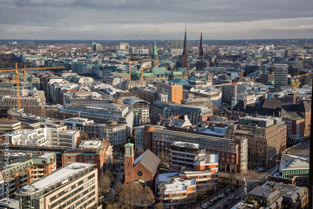 Hamburg (Germany) - Aerial urban skyline from the tower of saint Michaelis church in the Neustadt district in Hamburg