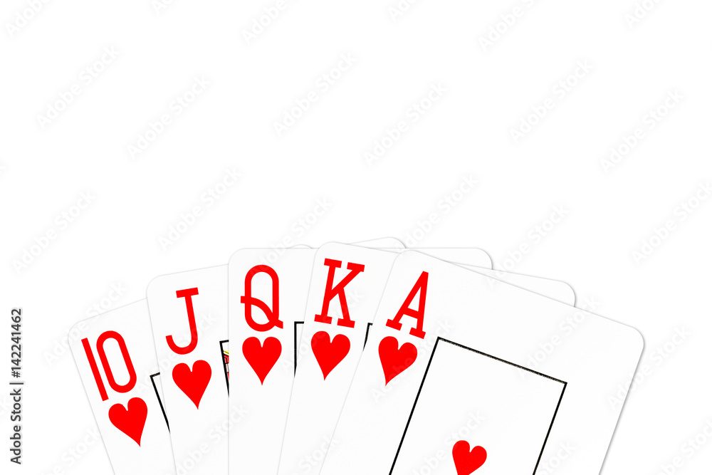 poker hand royal flush in hearts isolated on white background