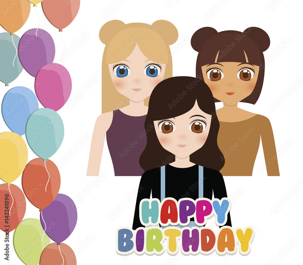 Premium Vector | Happy birthday card with anime girl and balloons