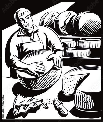 Cheesemaker controls a large wheel of cheese during ripening.