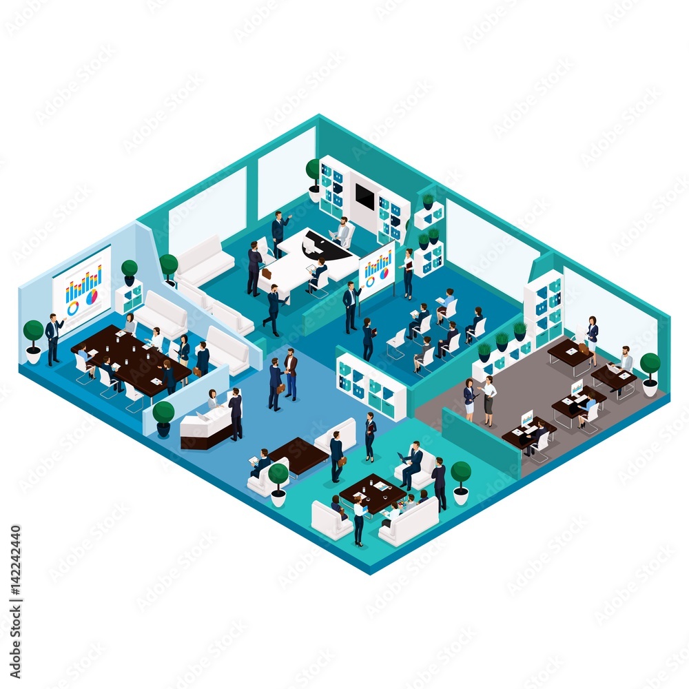 Trendy Isometric people illustration front view of office work, business concept, office furniture, workflow, office workers are isolated Trendy Isometric people illustration front view of office work, business concept, office furniture, workflow, office workers are isolated