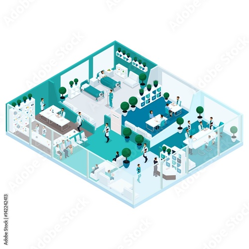 Trendy Isometric people illustration of hospitals with a glass facade is a front view of the hospital concept house, office manager, surgeon, nurse workflow, medical workers are isolated