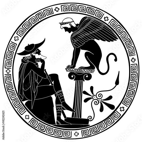 Vector illustration in ancient Greek style. Mythical plot is King Oedipus and Sphinx.