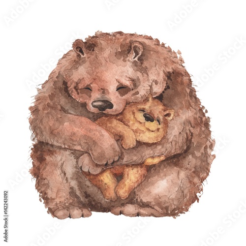 Mama bear and baby bear. Watercolor illustration. Handmade drawing.