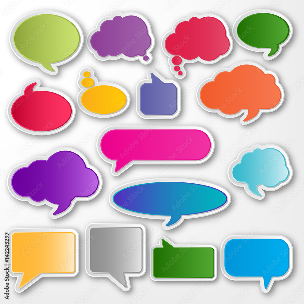 Set of blank empty colorful speech bubbles. Different design and color of comic bubble cloud collection. Set of blank empty colorful speech bubbles. Different design and color of comic bubble cloud collection.