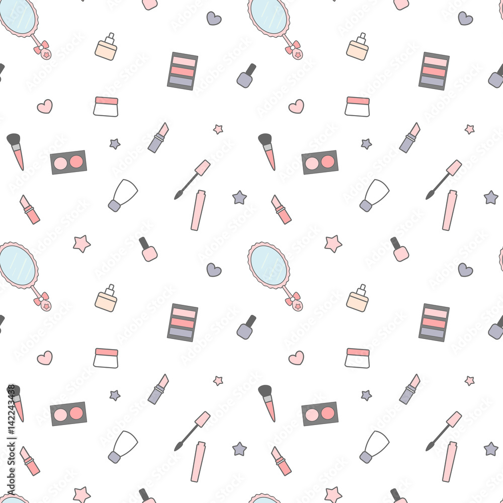 cute cartoon beauty mix seamless vector pattern background illustration with cream, make up, mirror and tools
cute cartoon beauty mix seamless vector pattern background illustration with cream, make up, mirror and tools