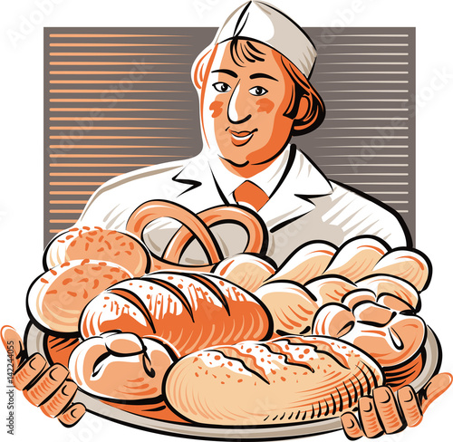man; baker; young; tray; bread; loaf; strand; food; food; food