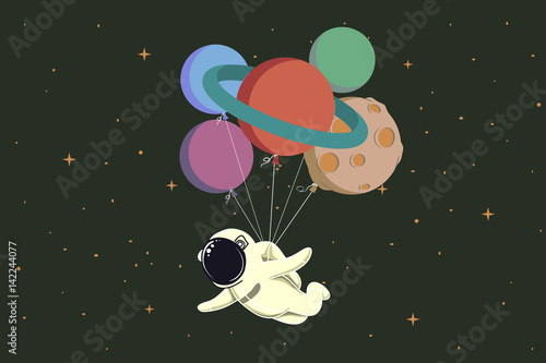 spaceman flying with balloons like a planets
