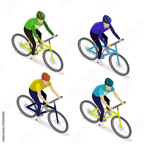 Isometric flat group of cyclists man in road bicycle racing.