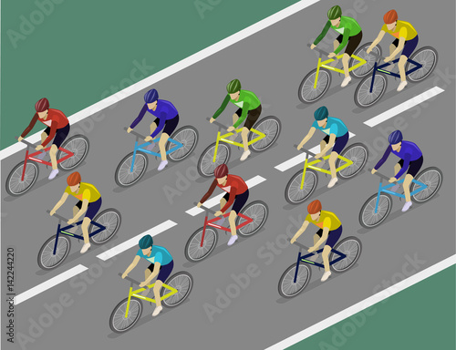 Isometric flat group of cyclists man in road bicycle racing.