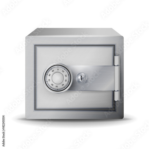 Metal Safe Realistic Vector. Safe Deposit. 3D Illustration Of A Safe Or Safety Deposit Box In The Key Code.