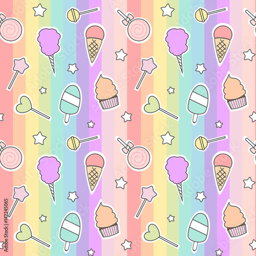 cute cartoon seamless vector pattern with candies, ice cream, lollipop and cotton candy on colorful stripes

