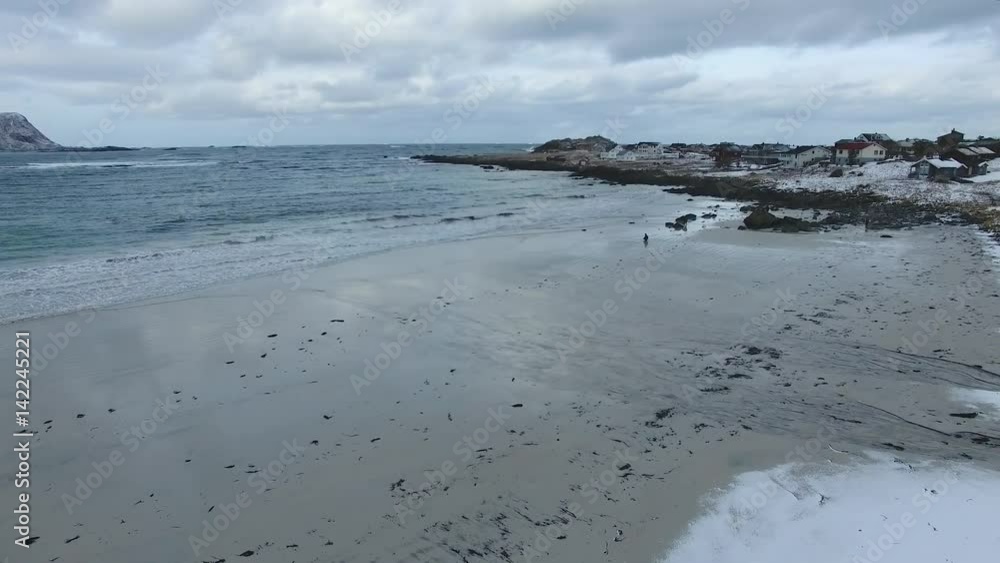 Aerial view of the Rambergstranda beach in Lofoten islands in winter Aerial view of the Rambergstranda beach in Lofoten islands in winter