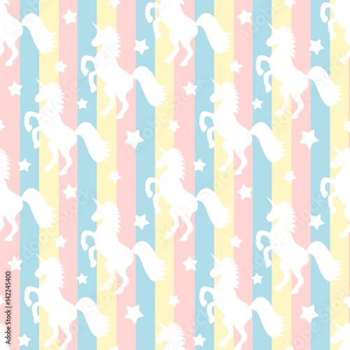 cute white unicorns silhouette on colorful stripes seamless vector pattern background illustration    