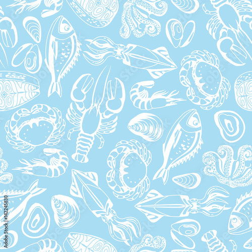 Seamless pattern with various seafood. Illustration of fish, shellfish and crustaceans