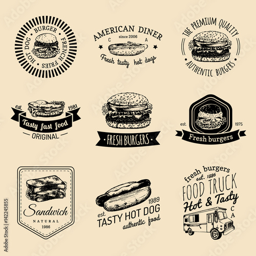 Vector vintage fast food logo set. Retro quick meal signs collection. Bistro, snack bar, street restaurant, diner icons.