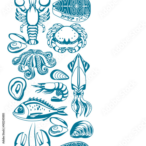 Seamless pattern with various seafood. Illustration of fish, shellfish and crustaceans