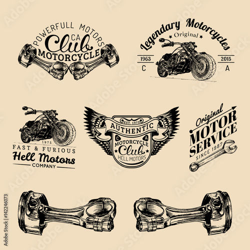 Vector biker club signs. Motorcycle repair logos set. Retro hand sketched garage labels. Custom chopper store emblems.