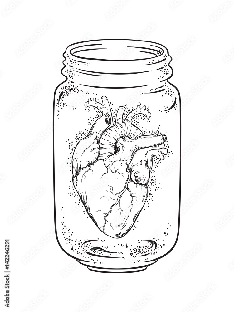 Human heart in glass jar isolated. Sticker, print or blackwork tattoo hand drawn vector illustration Human heart in glass jar isolated. Sticker, print or blackwork tattoo hand drawn vector illustration