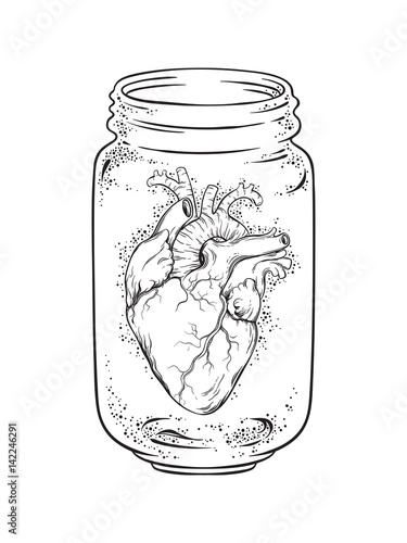 Human heart in glass jar isolated. Sticker, print or blackwork tattoo hand drawn vector illustration
