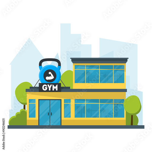 Cartoon Gym Fitness Building. Vector